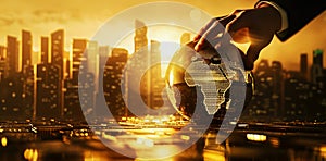 World business moving. Business man hand spin golden digital global ball economy with capital city background. business