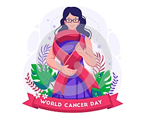 World cancer day concept illustration with A girl holding a big red awareness ribbon in support of Cancer day