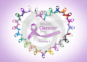 World cancer day February 4  in heart cycle of multi-color & lavender purple colour ribbons