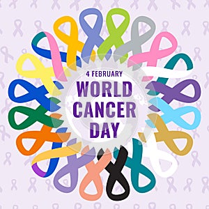 World Cancer Day 4 February. Cancer colorful ribbons in circle illustration. Breast, ovarian, prostate, colon, cervical, lung photo