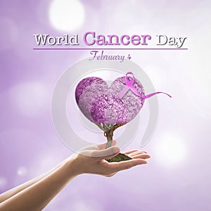 World cancer day with lavender ribbon awareness on heart tree