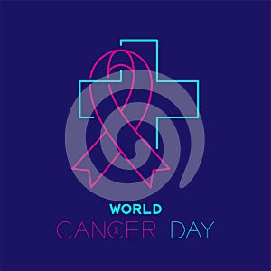 World cancer day logo icon outline stroke set dash line design, ribbon and cross illustration isolated on dark blue background