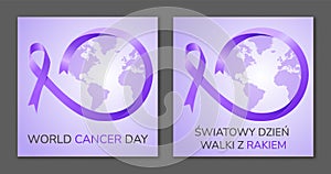 World Cancer Day. Purple ribbon. Polish and english.