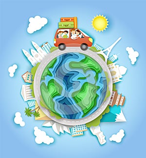 World car travel, vector illustration in paper art style