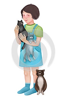 World cat day. Cute girl character with cats.