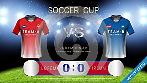 World championship football cup, Soccer jersey mock-up and scoreboard match vs strategy broadcast graphic template.