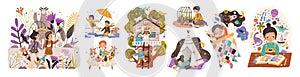World of childhood flat vector illustrations set. Kids cartoon characters playing games and doing childish activities