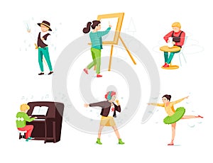 World of childhood flat vector illustrations set. Kids cartoon characters playing piano, drawing,  sculprt, singing, ballet dancin