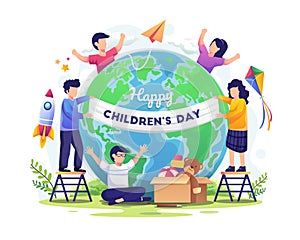 World Children's day with happy kids around the world and engaged in decoration vector illustration