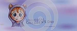 World Childrens Day. holiday 20 November. Horizontal banner with a cute, funny baby with his tongue hanging out in