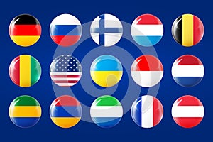 World circular flags collection. Glass light ball with flag. Round sphere, template icon. National symbols set. Glossy