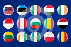 World circular flags collection. Glass light ball with flag. Round sphere, template icon. National symbols set. Glossy
