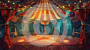 World Circus Day, interior of the circus, circus arena under the dome, glowing garlands and light bulbs,