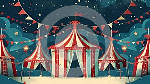 World Circus Day, mobile circus dome on the background of the night sky, stars and moon, traveling