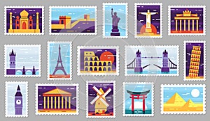 World cities post stamps. Travel postage stamp design, city attractions postcard and town vector illustration set