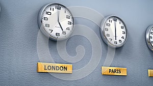 World cities time on office wall clocks