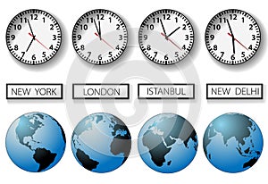 World city time zone clocks and globes