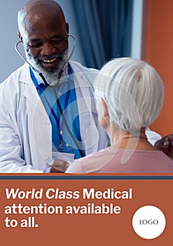 World class medical attention text and logo space over diverse senior male doctor and female patient