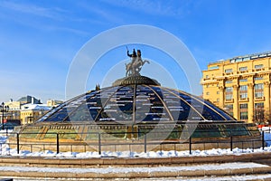 World Clock Fountain on Manege square. Moscow in winter