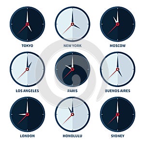 World clocks for time zones of different cities vector set