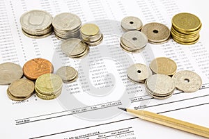 World coins stack on funding account summarizing for financial c photo