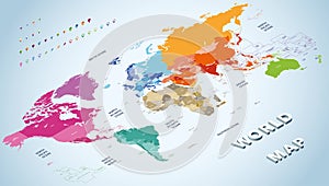 Isometric vector world map colored by continents with countries names. Navigation and location icons set