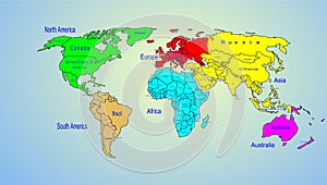 World color map continents and country name