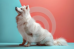 In a world of color, a white spitz\'s fur shines brightest against soft blue, copy space