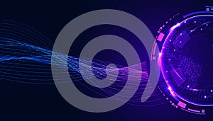 world colorful and neon light purple and blue wave on circle digital and Technology Background with Computer Systems light blue.