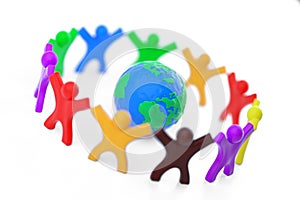 World Communication Concept. Plasticine Clay Colorful People around of Earth Globe Modeling from Plasticine Blue and Green Clay.