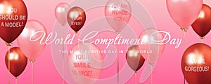World compliment day calligraphic text with pink and red balloons with compliments on pink background