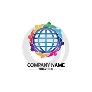 world comunity logo with people and globe illustration design vector photo