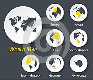 World and continent map on circle .