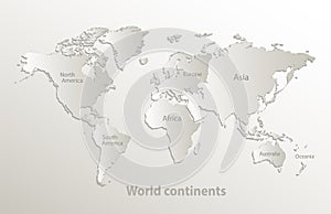 World continents map, separate individual continent with names, card paper 3D natural