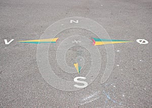 World corner sign on asphalt in schoolyard