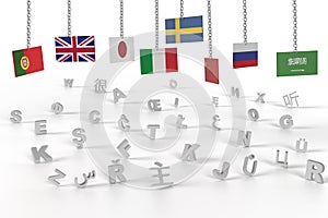 World country flags hang on chain  as banner for language school with different lettres photo