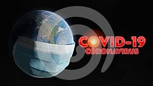 The world covered by a surgical mask from the Coronavirus pandemic. Covid-19 spreading in The Untited States. 2019-ncov infecting