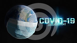 The world covered by a surgical mask from the Coronavirus pandemic. Covid-19 spreading in The Untited States. 2019-ncov infecting