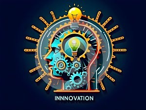 World creativity and innovation day. Vector illustration of a head with a bulb and cog on neon background with copy space