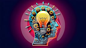 World creativity and innovation day. Vector illustration of a head with a bulb and cog on neon background with copy space