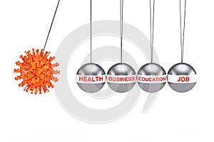 World Crisis Concept. Coronavirus COVID-19 Cell Attack Newtons Cradle Balancing Ball as Health, Business, Education and Job Life