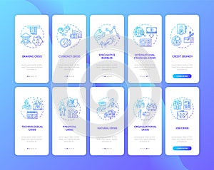 World crisis onboarding mobile app page screen with concepts set. Global problems, emergency types walkthrough five
