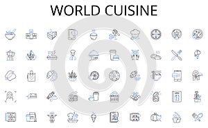 World Cuisine line icons collection. Gourmet, Farm-to-table, Fusion, Locavore, Vegan, Artisanal, Sustainable vector and