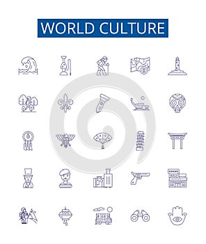 World culture line icons signs set. Design collection of Culture, World, Diversity, Traditions, Peoples, Norms, Art