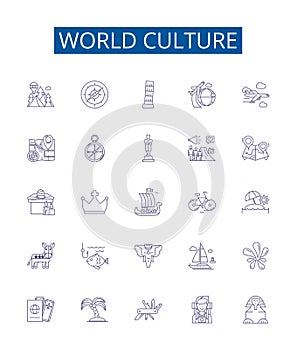 World culture line icons signs set. Design collection of Culture, World, Diversity, Traditions, Peoples, Norms, Art
