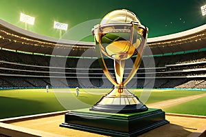 World Cup Cricket Championship Trophy glinting with polished gold, cricket stadium looms large, stage set for glory