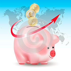 World currencies Dollar, Euro and Pound sterling golden coins falling into money pig bank. Conceptual realistic vector illustratio