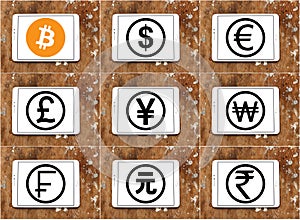 World currencies icons with cryptocurrency bitcoin