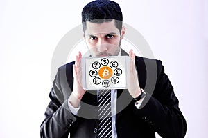 World currencies icons with cryptocurrency bitcoin