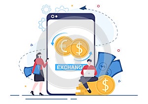 World Currency Exchange Services Cartoon Illustration Online Economy Applications for Cryptography, Euro, Dollar with Transaction